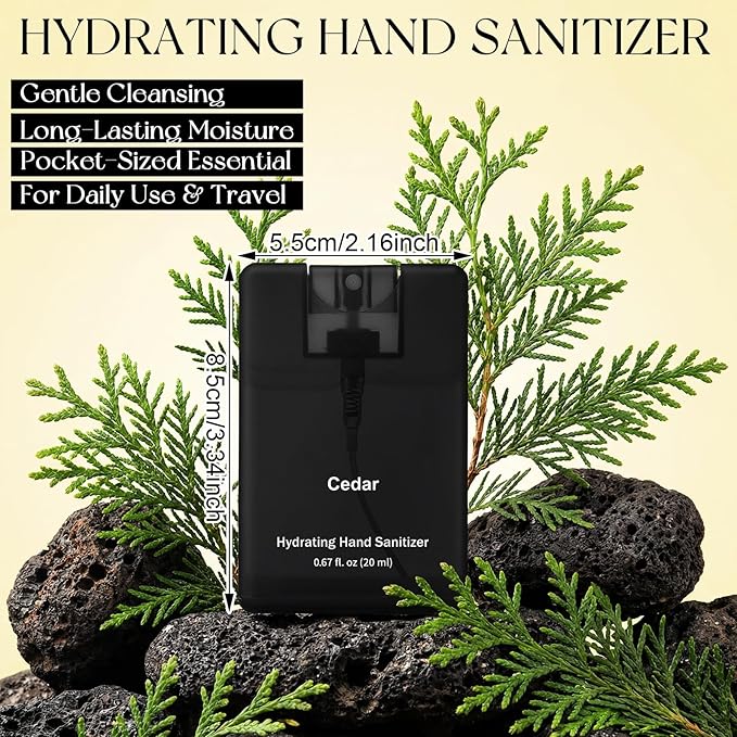 Set of 3 Powerful Mist Hydrating Hand Sanitizer Spray Bulk Travel Size Refreshing Hand Sanitizer 0.67 Fl. oz Compact Card Spray Bottle Mint Apple Cedar Scent for Daily Personal Use Gift