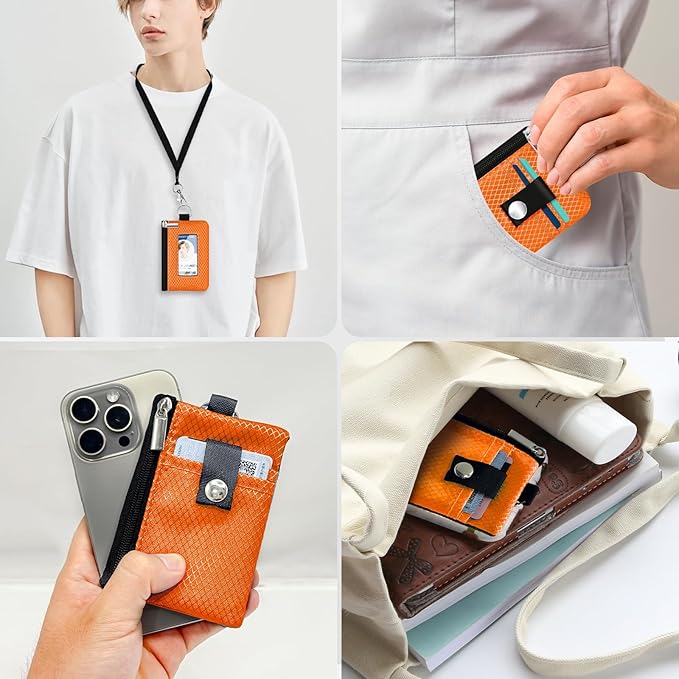 Minimalist RFID Blocking Small Wallet with ID Window,WaterResistant Zip Id Case Wallet with Lanyard Keychain for Cards,Cash,Travel,Women,Men (Orange)