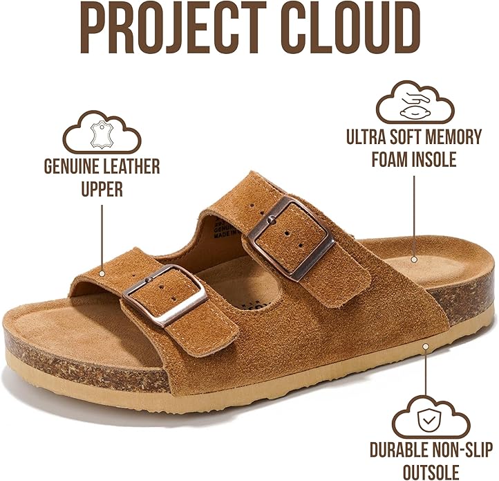 Project Cloud 100% Genuine Leather Flat Sandals For Women 2026 Cork Footbed Womens Sandals with Memory Foam and arch support Vacation Essentials Slides for Women Footwear (Venita)