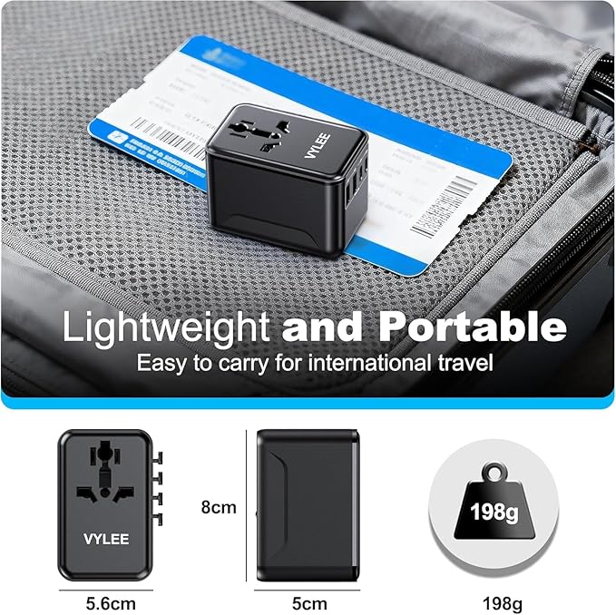 VYLEE Universal Travel Adapter, 2 USB-C & 2 USB-A Worldwide Plug Adapter with 1 Universal AC Outlet, Type A D I G C International Plug Adapter for US, India, Europe, UK, Maldives, Sri Lanka(Black)