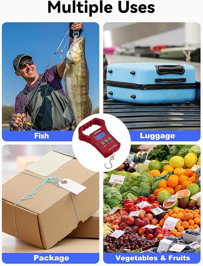 HEETA Fish Scale, 110lb/50kg Digital Portable Hanging Fishing Weight Scale with Backlit LCD Display, Luggage Scale with Hook, Non-Slip Large ABS Handle & 2 AAA Batteries, Fishing Gifts Gear for Men