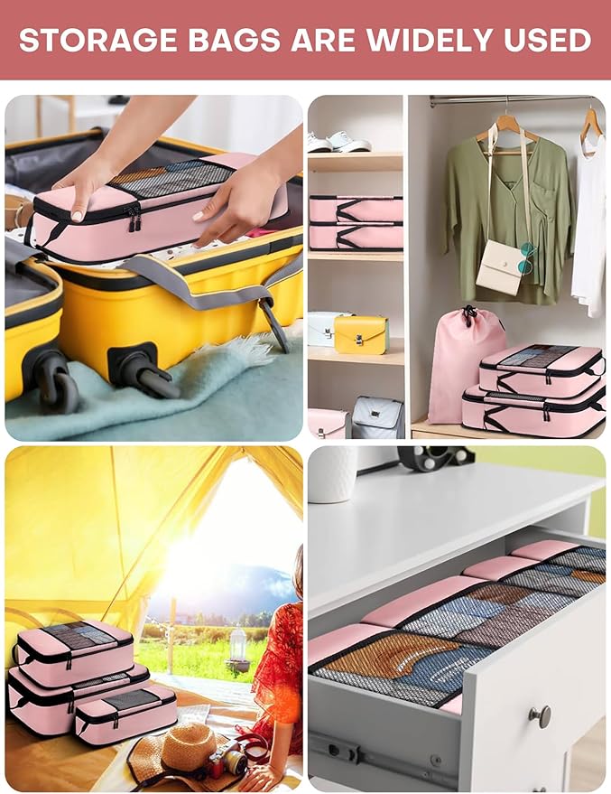 SDGFUI 6 PCS Set Compression Packing Cubes for Travel, Lightweight Packing Organizer Bags Travel Essentials for Carry On, Suitcase, Home Closet - Pink