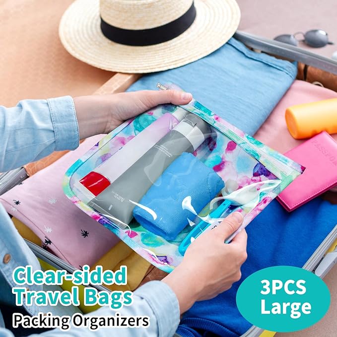 HIONXMGA TSA Approved Toiletry Bag, Set of 3 Clear Travel Toiletry Bag Quart Size Zipper Travel Pouch, Waterproof Makeup Cosmetic Bag for Women Men Kids Toiletries Carry on, Watercolor Large