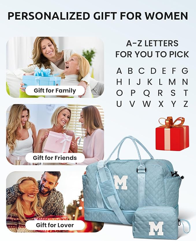 Gifts for Sister - Personalized Travel Bag with Shoe Compartment, Monogram Overnight Bag, Letter Travel Bag with Makeup Bag
