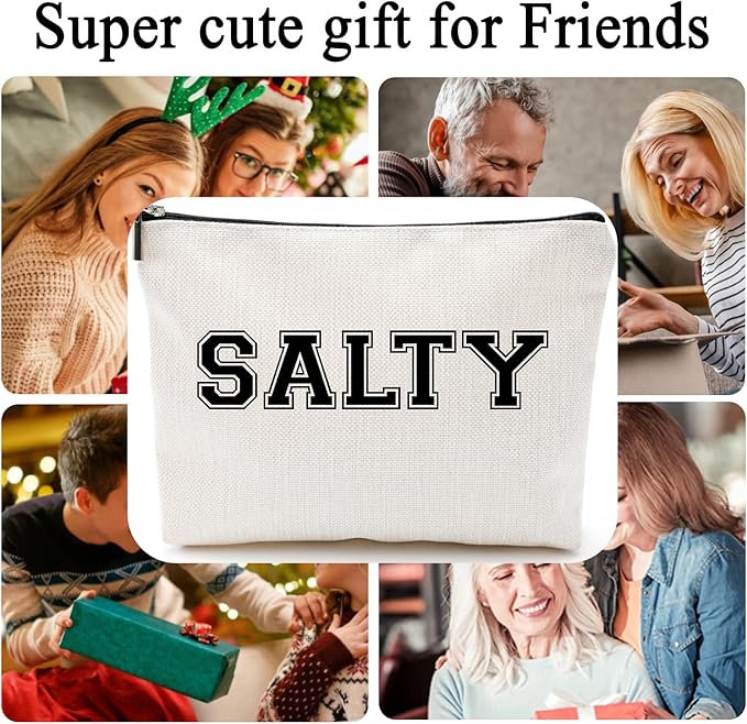 Funny Makeup Bag for Women - "SALTY" Sassy Cosmetic Pouch - Preppy Varsity Letter Style Travel Toiletry Organizer - Cute Beige Canvas Zipper Clutch for Beach Vacation, College Dorm & Best Friend Gift