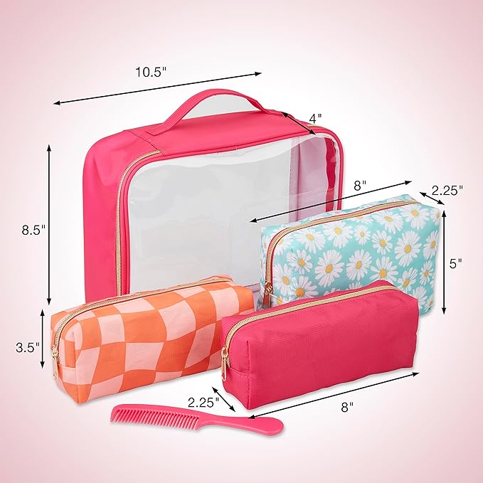 Conair 5 Piece Toiletry and Cosmetic Bag Set Under $30, Includes 4 Makeup Bags and 1 Travel Comb in Pink and Daisy Prints (Pack of 2)