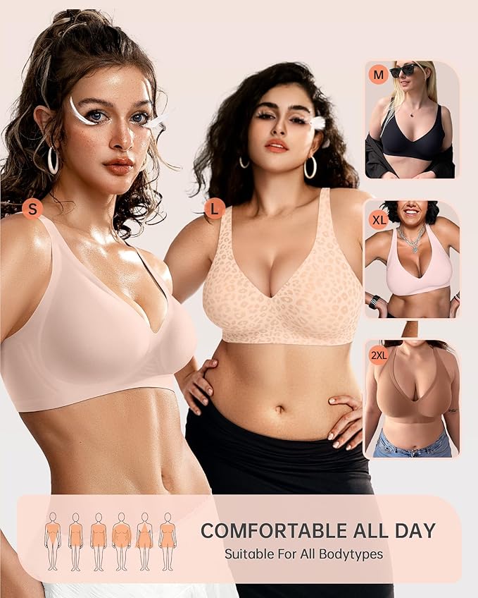 OEAK Womens Deep V Bras Wireless Comfortable Bra Supportive No Underwire Bras Tshirt Push Up Bralettes Plunge Seamless Bra