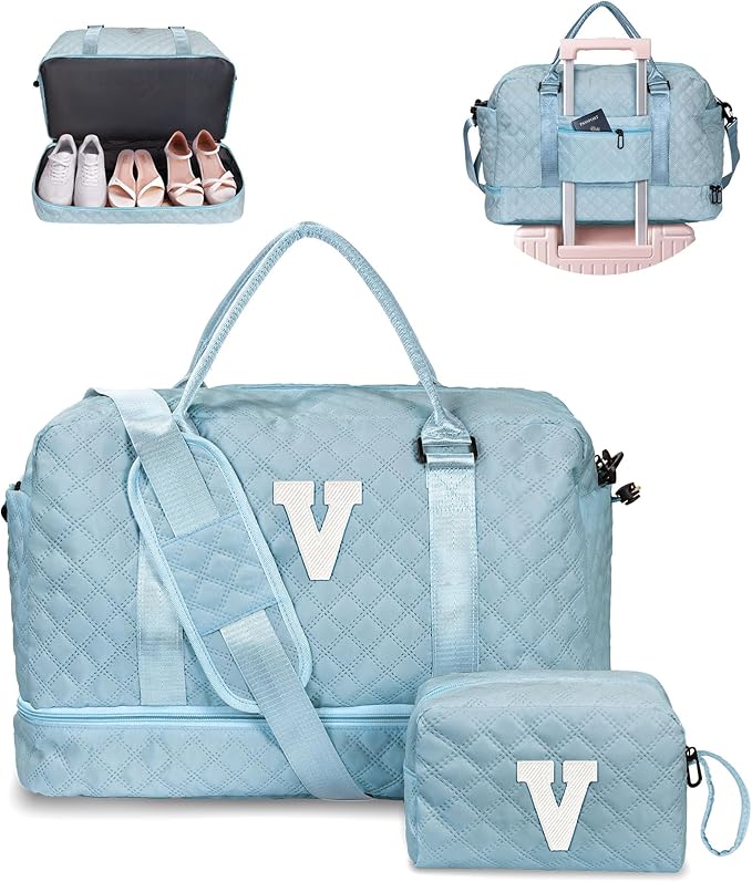 Birthday Gifts for Women-Duffle Bag with Shoe Compartment, Personalized Weekender Bag, Monogram Overnight Bag, Letter Travel Bag with Makeup Bag，Preppy Gifts For Girl (Letter V)