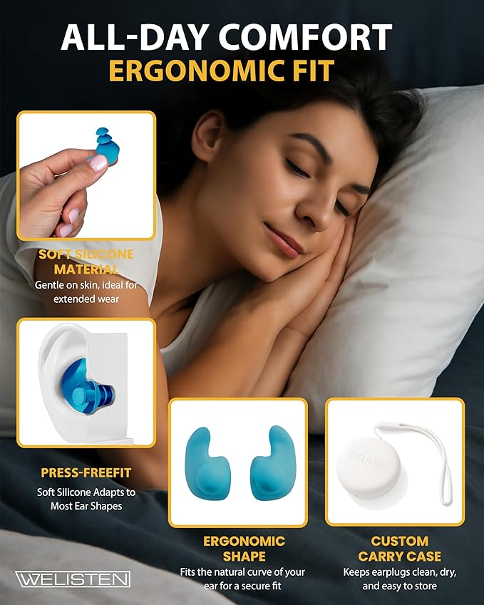 Ear Plugs for Sleeping Noise Cancelling, Reusable Soft Noise Reduction Earplugs for Sleep, Focus, Travel, Work, Concert, Sleeping Ear Plugs with Custom Case - Blue
