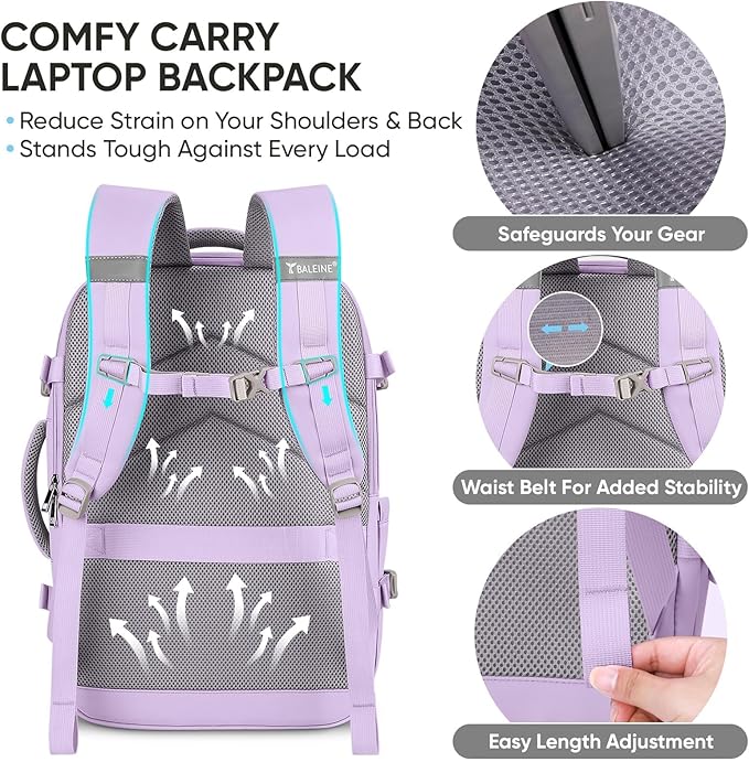 BALEINE Travel Backpack for Women Men, Large Sturdy Carry On Laptop Backpack Gifts for Business, Casual, Weekender, Hiking (XL, Lavender)