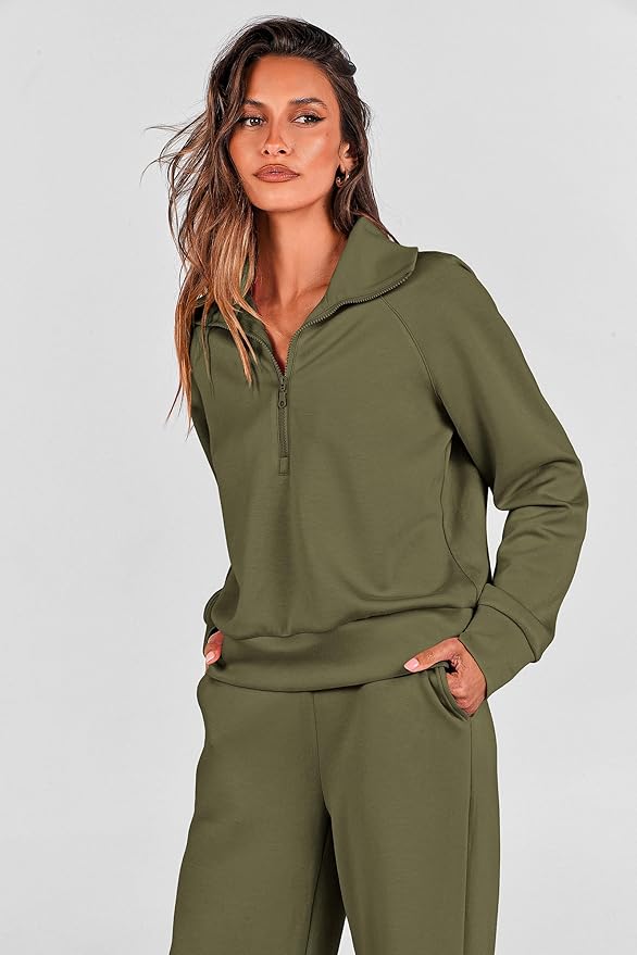 PRETTYGARDEN Women's 2 Piece Outfits Casual Lapel Half Zip Sweatshirts and Wide Leg Pants Tracksuit Sets