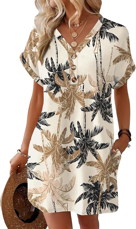 WIHOLL Summer Dresses for Women with Sleeves Midi Dress Button Down Beach Vacation Casual Dresses Fashion Clothing