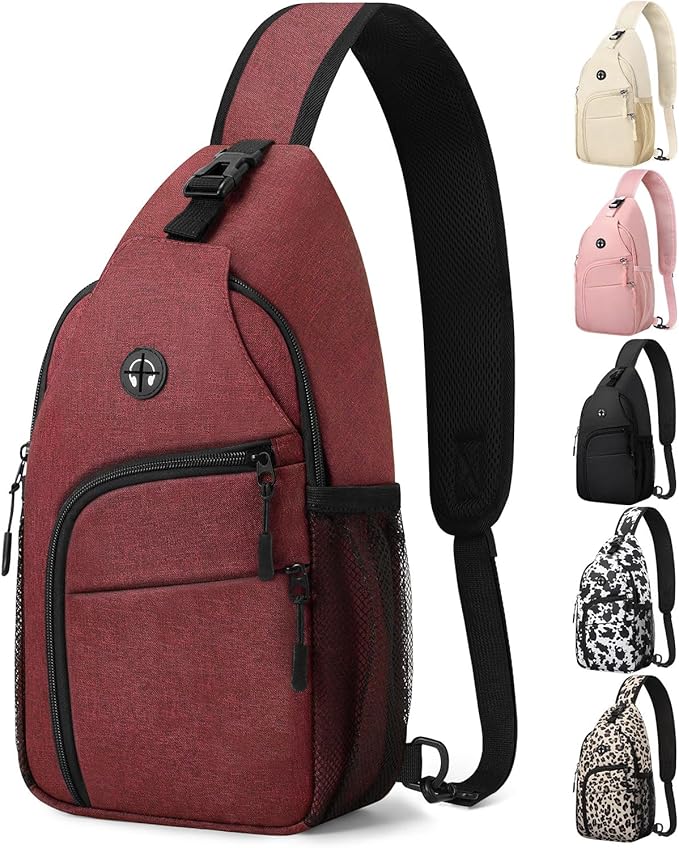 Pritent Crossbody Bags for Women Man Waterproof Sling Bag Backpack Trendy Casual Cross Body Bag with Convertible Shoulder Strap Chest Bag for Camping Hiking Travel Essentials (Wine, Medium)