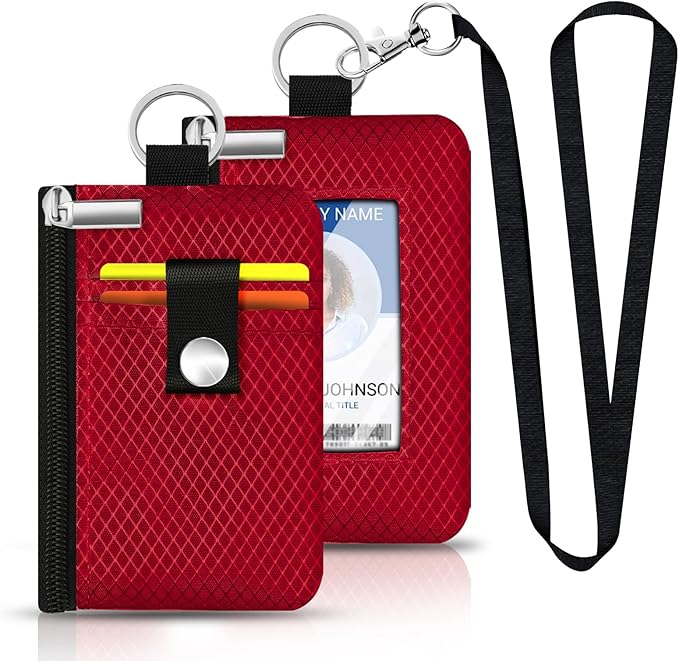 Minimalist RFID Blocking Small Wallet with ID Window,WaterResistant Zip Id Case Wallet with Lanyard Keychain for Cards,Cash,Travel,Women,Men (Red)
