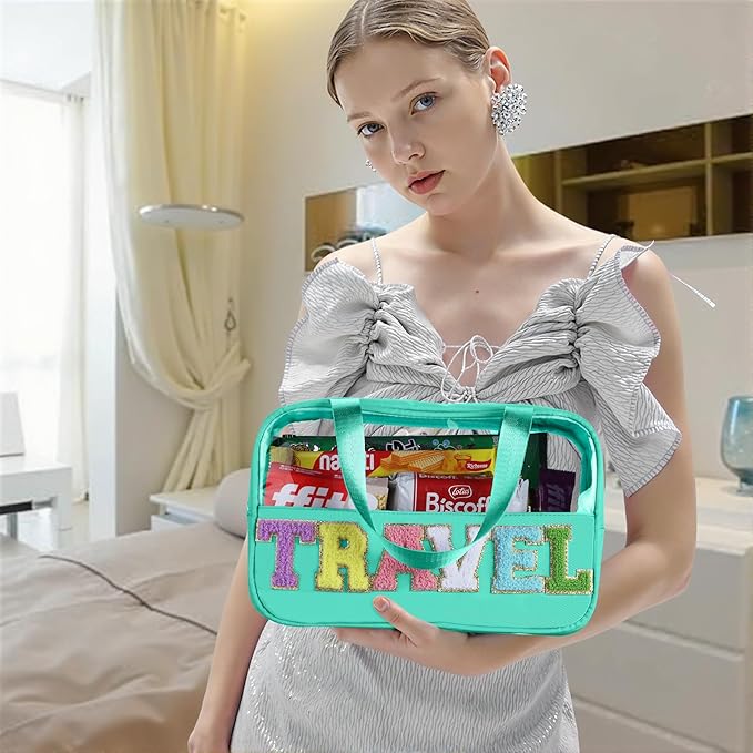 BuyCard Chenille Letter Patch Clear Travel Bags, Preppy PVC&Nylon Makeup Bag with Handle and Zipper, Waterproof Large Clear Travel Toiletry Bag Storage Bag for Women Girls