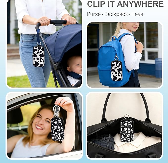 KJQJLY 2 Pack Hand Sanitizer Holder Pouch, Zippered Portable Sanitizer Case with Cute Pattern, Keychain D-Ring for Purse, Backpack & Travel
