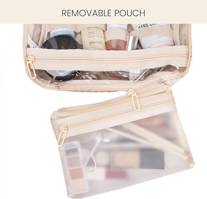 Jadyn Hanging Toiletry Bag, Expandable Toiletry Organizer for Women, Water Resistant Large Travel Cosmetic Bag for Full Size Makeup, Toiletries, Lotion, Shampoo, Accessories (Beige Gingham)