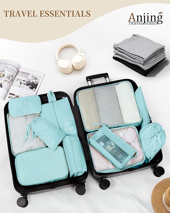 Anjing 11 Set Packing Cubes for Travel, Space-Saving Luggage Organizers, Suitcase Organizer Bags Set, Essentials for Carry-on Suitcases, Lake Blue (WMUS20230315X01-3)