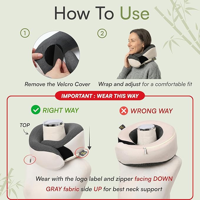 Neck Pillow for Traveling - Bamboo Charcoal Memory Foam with 360° Chin Support for Airplane, Soft & Breathable, Seamless Design, Removable Cover, Travel Accessories Included