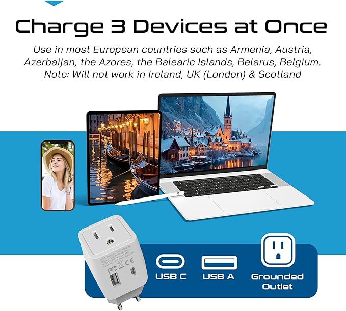 Ceptics Italy, Europe Travel Adapter Plug Set - 2 Pack - with 2 USB + USA Socket Input - Type L and Type C - Ultra Compact - Safe Grounded Perfect for Cell Phones, Laptops, Camera Chargers