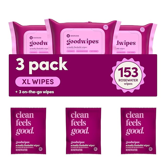 goodwipes Flushable Butt Wipes - Vitamin E & Aloe - Sewer & Septic Safe - Extra Large Adult Wet Wipes For Women & Men - Bathroom Essentials - Rosewater, 153 Count (3 Packs + 3 Individually Wrapped)