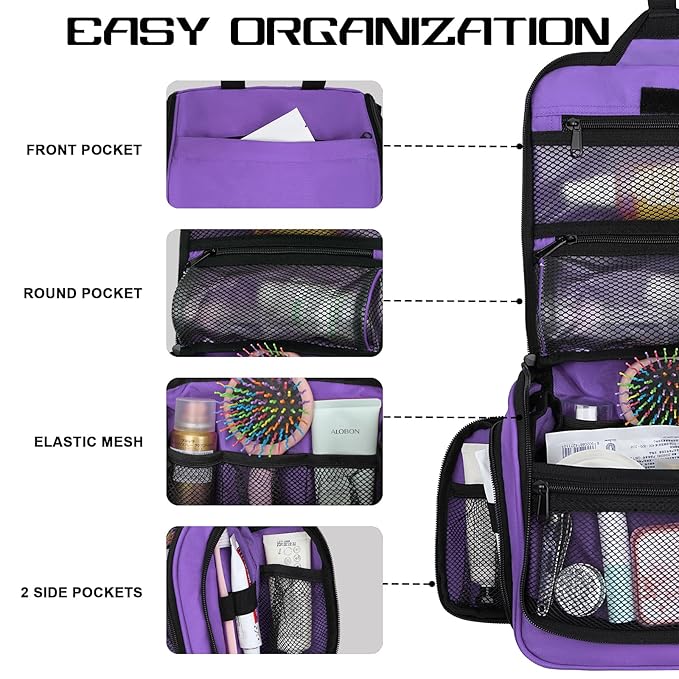 Goloni Hanging Toiletry Bag, 10 Compartments Water-Resistant Makeup Bag with 360° Spinning Metal Hook, Large Travel Cosmetic Organizer for Men & Women, Purple (7.05oz)
