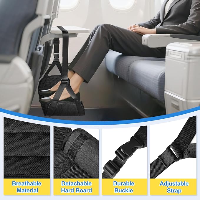 Airplane Foot Hammock for Plane Travel, Detachable Bamboo Airplane Foot Rest for Long Flight, Desk Foot Hammock Travel Essentials with Extended Adjustable Strap to Relax Your Feet - 2 Pack