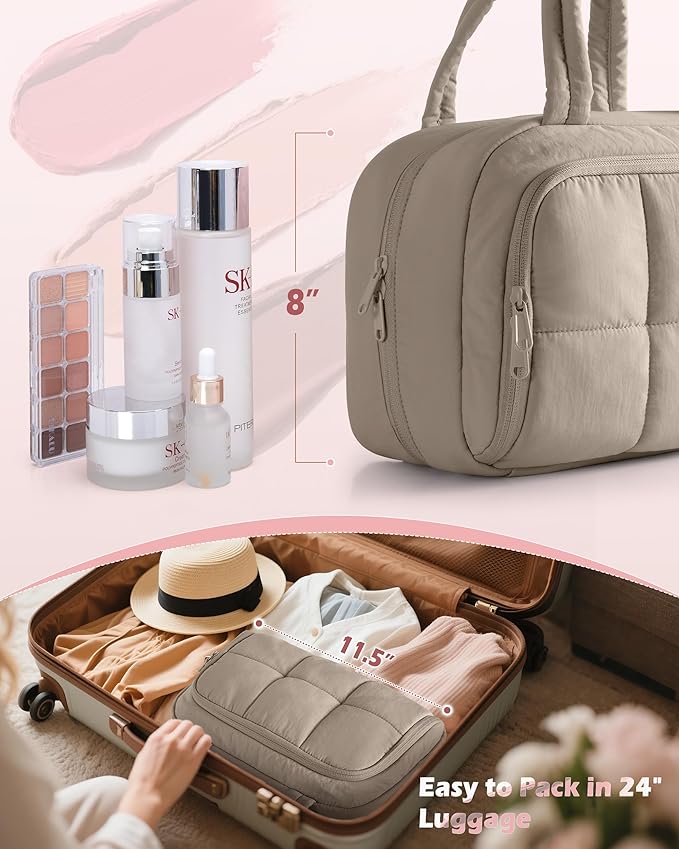 Marscamd Travel Makeup Bag for Women, Puffy Cosmetics & Toiletry Organizer with Leakproof Pockets for Travel-Size Shampoo, Conditioner, Brushes & Essentials - Medium Size, Khaki (Bag Only)