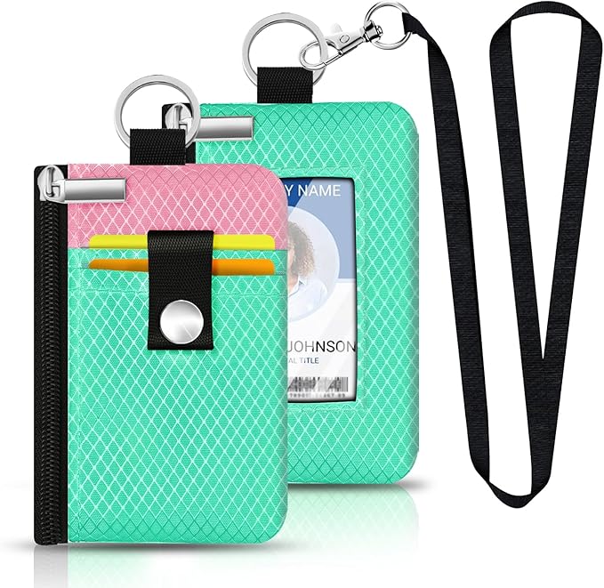 Minimalist RFID Blocking Small Wallet with ID Window,WaterResistant Zip Id Case Wallet with Lanyard Keychain for Cards,Cash,Travel,Women,Men (Mint Green/Pink)