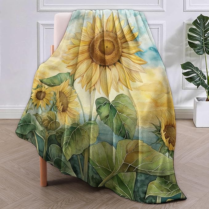 Sunflower Watercolor Painting Blanket, Yellow Sunflowers Flannel Throw Blankets,Soft Warm Lightweight Cozy Plush Throws for Bedroom Sofa Office Home Decor Gifts for Women Girls 60"x50"