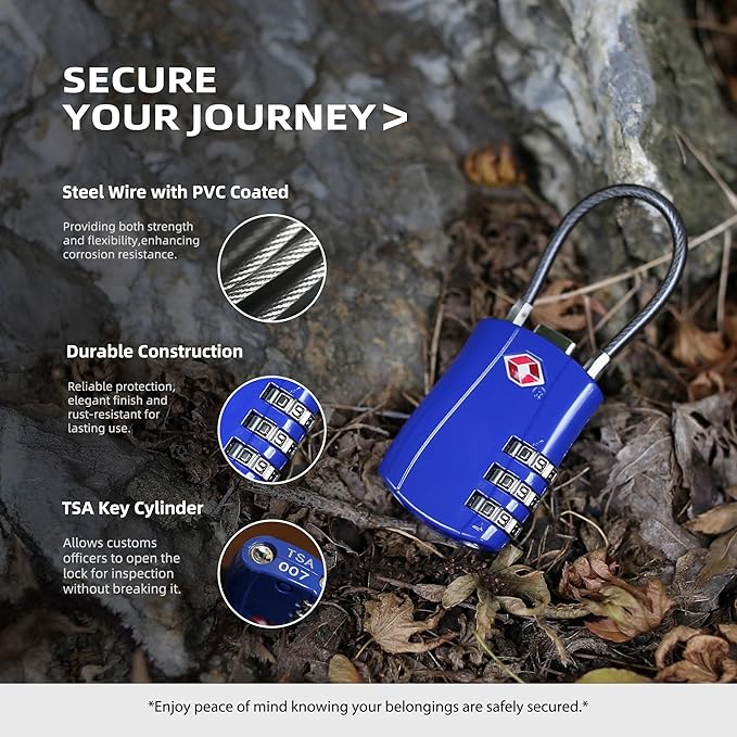 TSA Locks for Luggage, Small Padlock Combination with Cable, Luggage Locks TSA Approved, Combo Padlock with Code, for Travel Suitcase, Gym Locker, Gun Case, Backpack Zipper (Black+Blue)