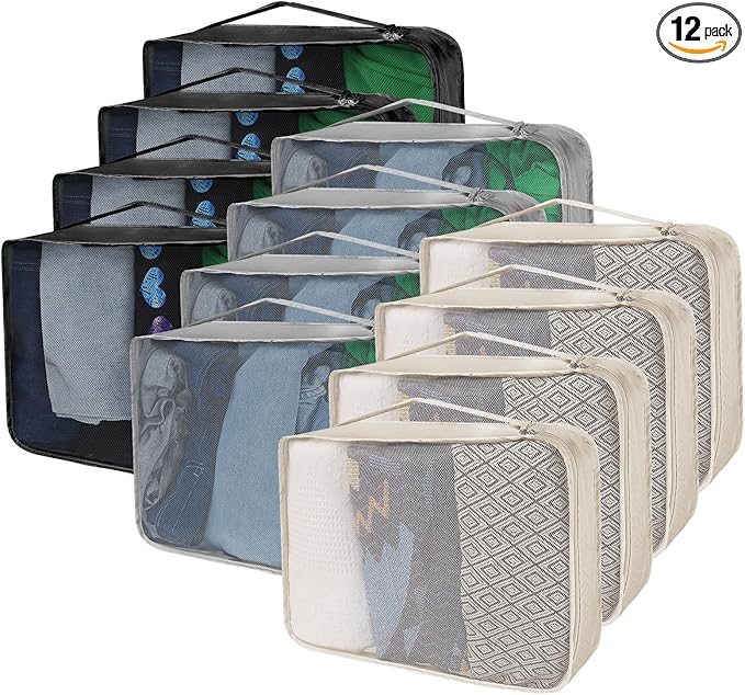12 Pcs Packing Cubes for Suitcase Travel Luggage Bags Bulk Mesh Organizer Set for Hiking Camping Backpacking Clothes Accessories
