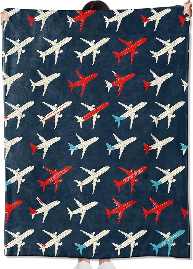 Airplane Blanket Gifts for Kids & Pilot,Aviation-Inspired Blue Throw Blankets,Soft Comfy Lightweight for Room Couch Bed Sofa Flight Decor,Travel Lover 60x50in