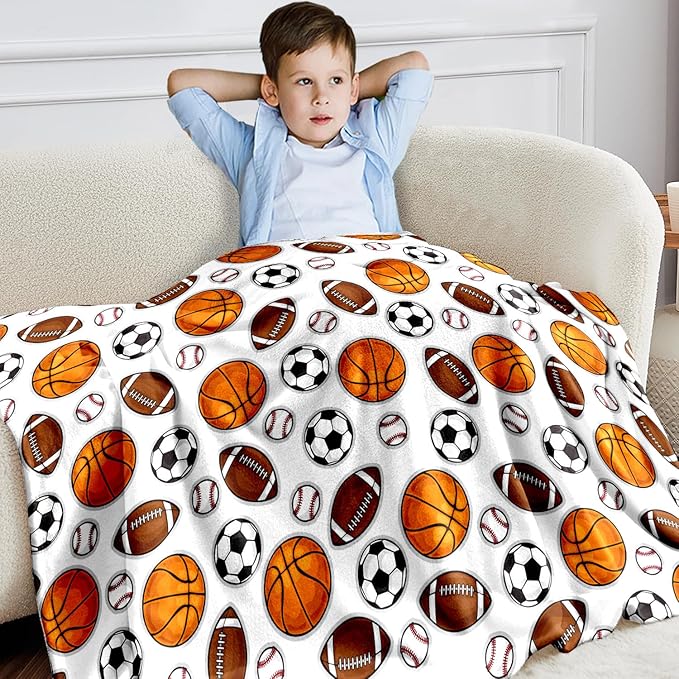 Wajade Sports Balls Blanket for Boys Soft Fleece Baseball Basketball Soccer Blanket for Couch Sofa Bedroom Fuzzy Flannel Blankets Birthday for Kids Boys 60"x80"