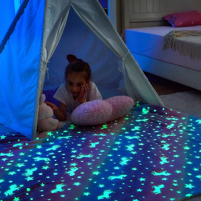 Wajade Unicorn Gifts for Girls - Glow in The Dark Unicorn Blanket Birthday Christmas Decor for Kids Age 3 4 5 6 7 8 9 10 11 12 Years Old Teens Child Toddler Throw Rainbow 60"x80"