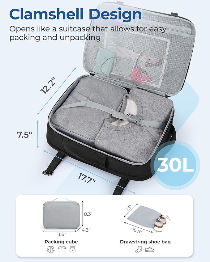 BAGSMART 30L Unisex Black Travel Backpack, 17 Inch Laptop Compartment, Water Resistant, Large Capacity, Padded Strap, Zipper Closure