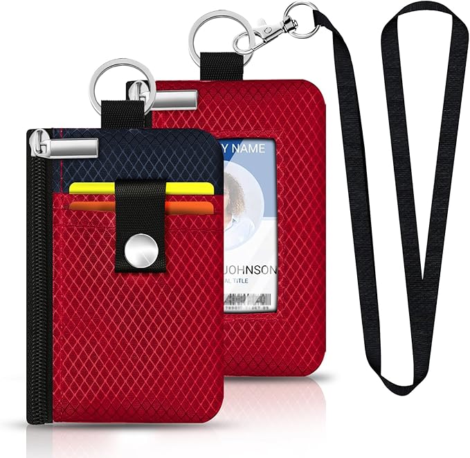 Minimalist RFID Blocking Small Wallet with ID Window,WaterResistant Zip Id Case Wallet with Lanyard Keychain for Cards,Cash,Travel,Women,Men (Red/Dark blue)