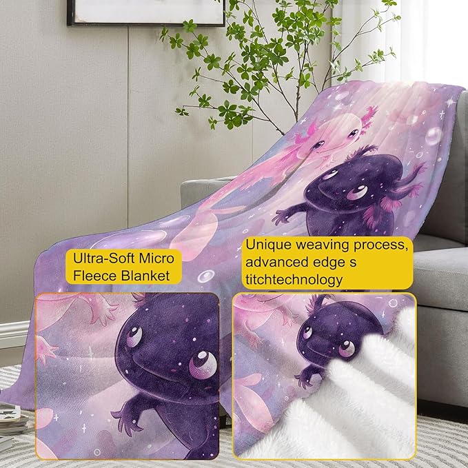 Axolotl Blanket,Cute Axolotls Flannel Throw Blankets,Soft Warm Lightweight Cozy Plush Animal Dark Purple Throws for Bedroom Sofa Home Travel Decor Gifts for Women Girls 80"x60"