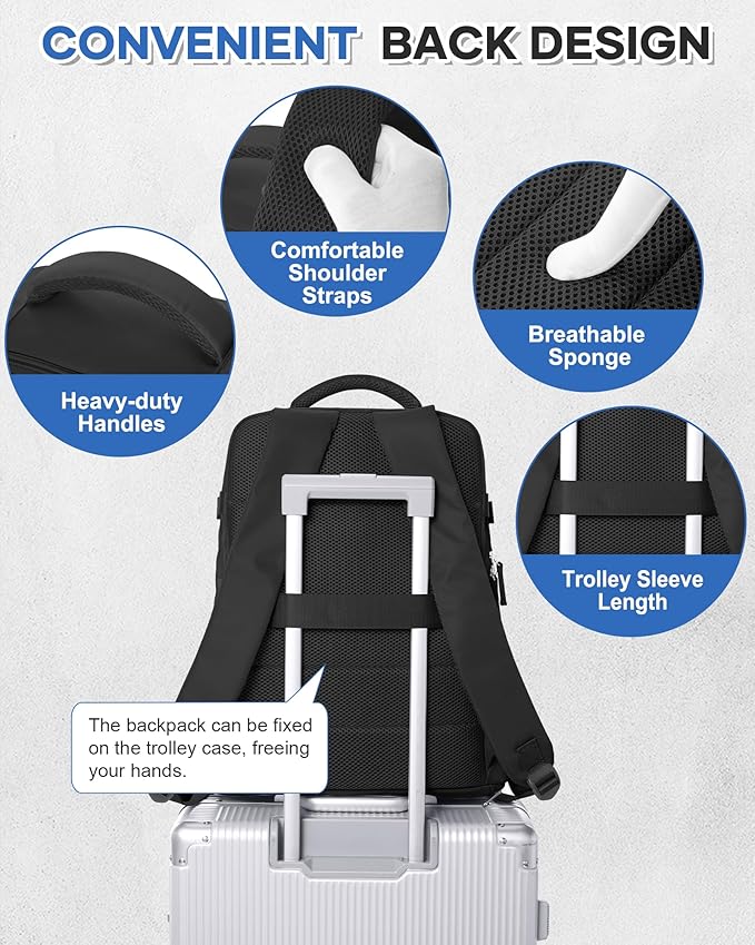 VECAVE Carry On Backpack for Women, Large Travel Backpack Flight Approved, Waterproof 14 Inch Laptop Backpack Business Work Backpacks Men Mochila De Viaje, Black