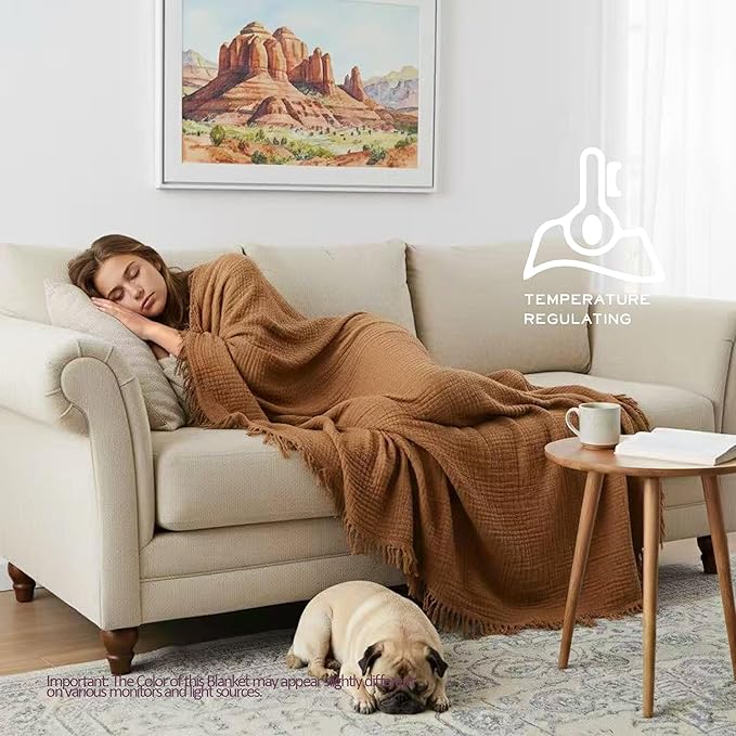 KyraHome Muslin Blankets for Adults, 60"x80" Large 100% Cotton Throw Blanket, Plant Dyed Lightweight Breathable Gauze Summer Blanket for Couch, Napping, Picnic, All Season (Brown)