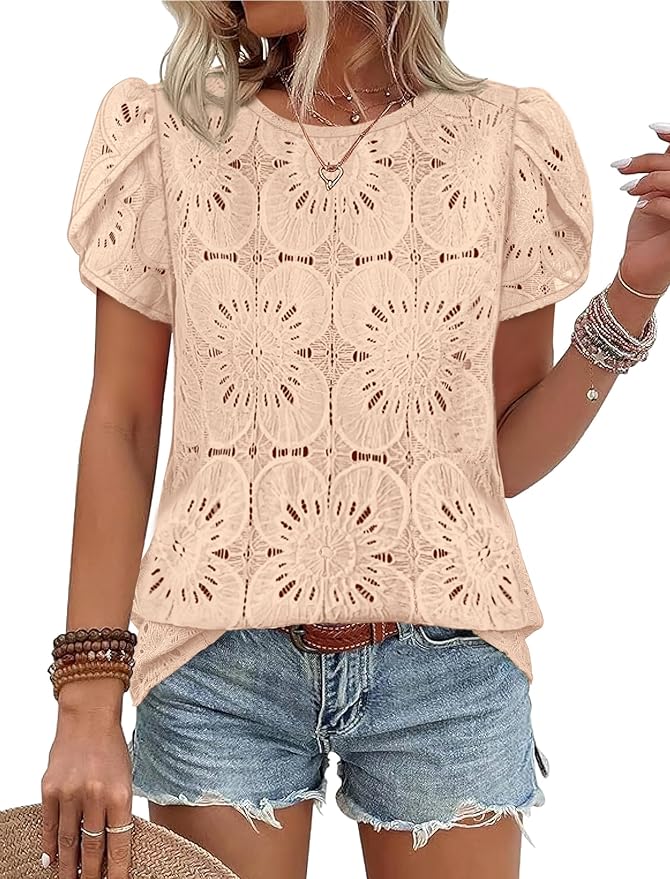 OFEEFAN Blouses for Women Dressy Casual Petal Short Sleeve Shirts Crochet Lace Boho Tops Spring Fashion Summer Outfits