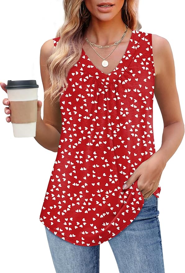 OFEEFAN Tank Top for Women Loose Fit Sleeveless Shirts V Neck Summer Clothes Ruched Women's Tees and Tanks Curved Hem