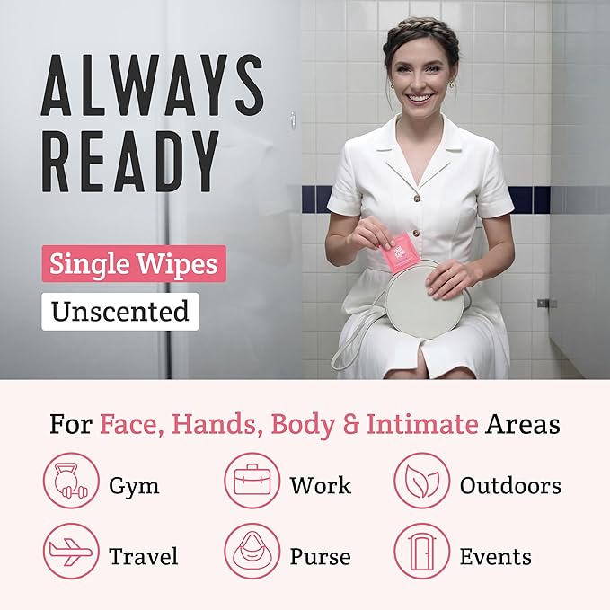 Stall Mates Feminine Fresh - Flushable Wipes, Individually Wrapped Cleansing Travel Friendly PH balanced Unscented with Sunflower, Rosemary and Aloe (30 on-the-go singles)