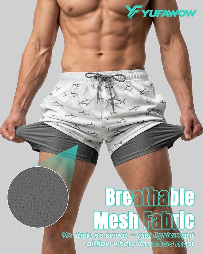 7 Inch Men Swim Trunks with Compression Breathable Liner Quick Dry Zipper Pockets for Pool Board Beach Cruise