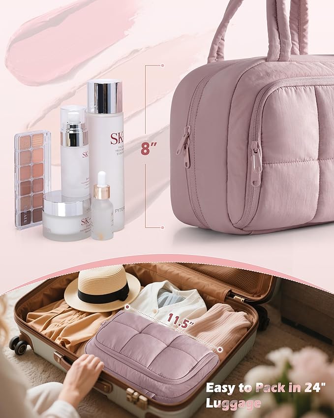 Marscamd Travel Makeup Bag for Women, Puffy Cosmetics & Toiletry Organizer with Leakproof Pockets for Travel-Size Shampoo, Conditioner, Brushes & Essentials - Medium Size, Pink (Bag Only)