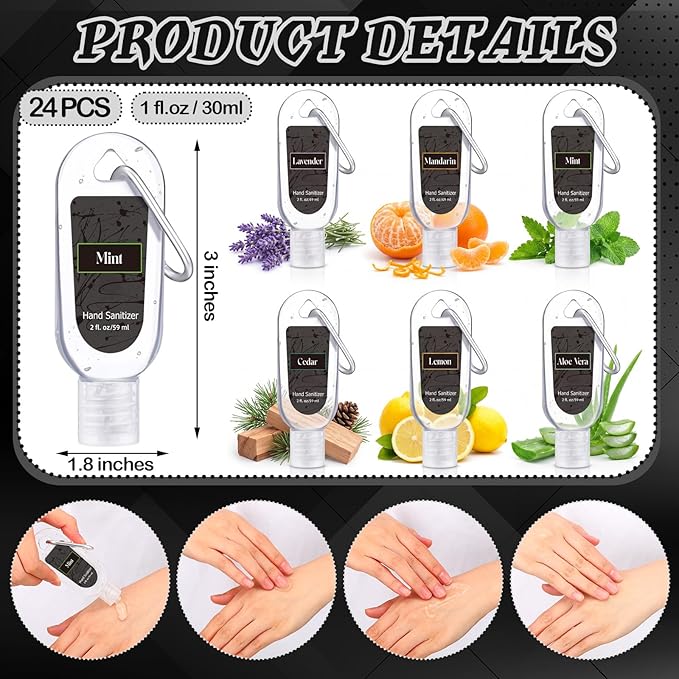 6 Pcs Mini Hand Sanitizer Travel Size with Carabiner Clip 2 Fl. oz Gel Mix Scent Pocket Hand Sanitizer with Keychain Bulk for Backpack Purse Gym Bag Office Outdoor Friend Coworker Travel Gifts