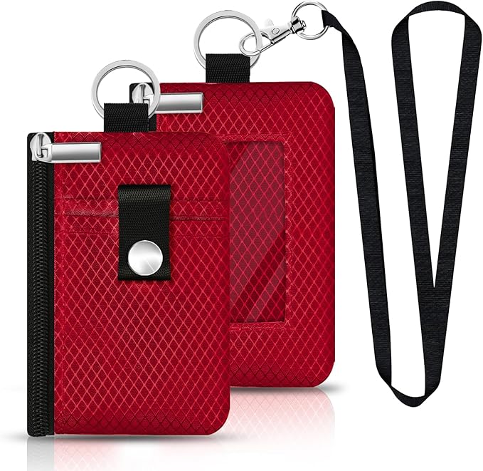 Minimalist RFID Blocking Small Wallet with ID Window,WaterResistant Zip Id Case Wallet with Lanyard Keychain for Cards,Cash,Travel,Women,Men (Red)