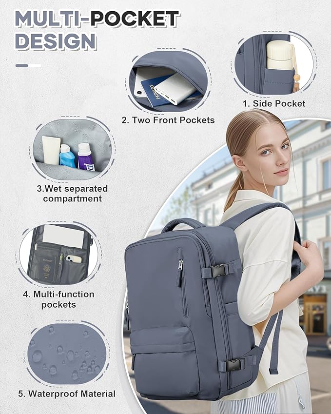 VECAVE Carry On Backpack for Women, Large Travel Backpack Flight Approved, Waterproof 14 Inch Laptop Backpack Business Work Backpacks Men Mochila De Viaje, Blue