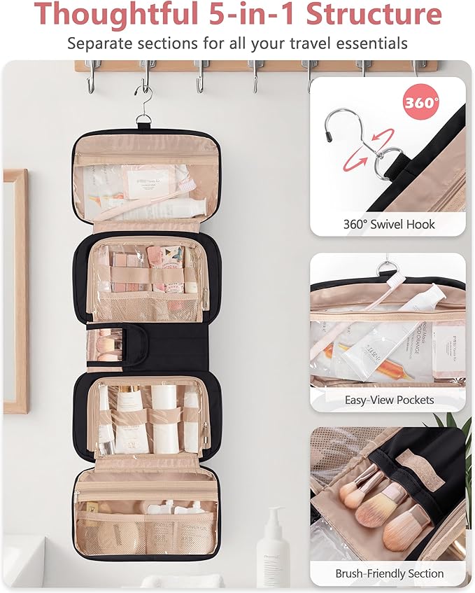 Marscamd Travel Toiletry Bag for Women with Hanging Hook, Puffy Makeup Organizer with Brushes Slots for Bathroom, Shower and Beauty Essentials, Black