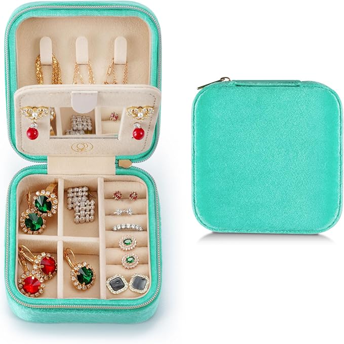 ZPROW Plush Velvet Travel Jewelry Case, Travel Jewelry Organizer, Jewelry Travel Case, Travel Jewelry Box, Small Jewelry Case, Jewelry Travel Box, Earring Organizer with Mirror - CyanBlue